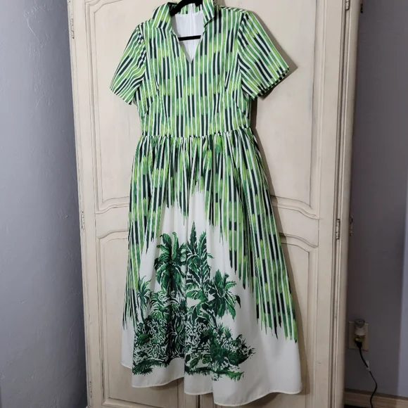 Beulah | Dresses | Beulah Style Florida Green Palm Fit And Flare Short  Sleeve Collar Dress Sz S | Poshmark
